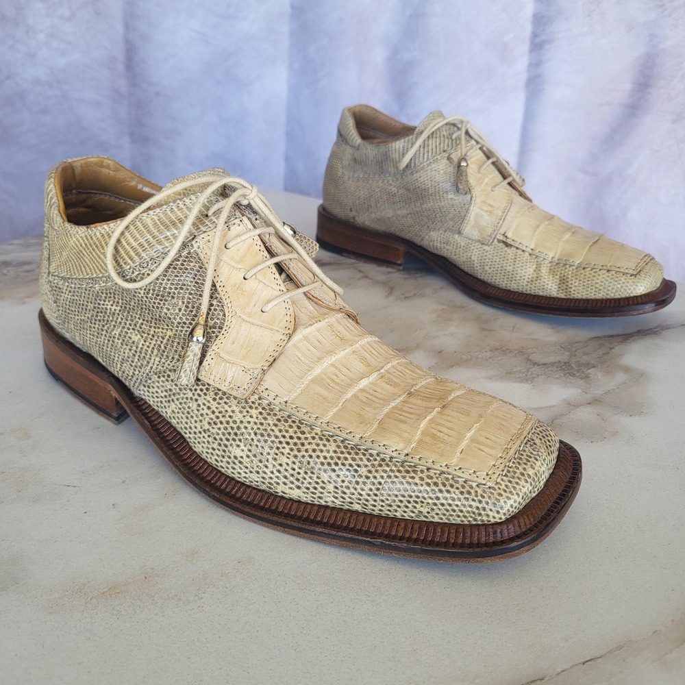 David Eden Aligator Lizard Mens Size 8 Beige Square Toe Derby Dress Made Italy